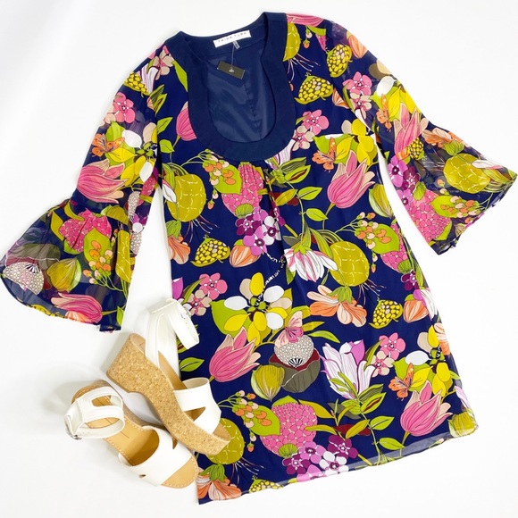 Trina Turk Silk Bonita Bell Sleeve Dress- Retro - Picture 10 of 13